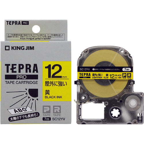 KING JIM Tepra PRO เทปกลางแจ้ง ฉลากแข็งแรง ตัวอักษรสีเหลือง/ดำ